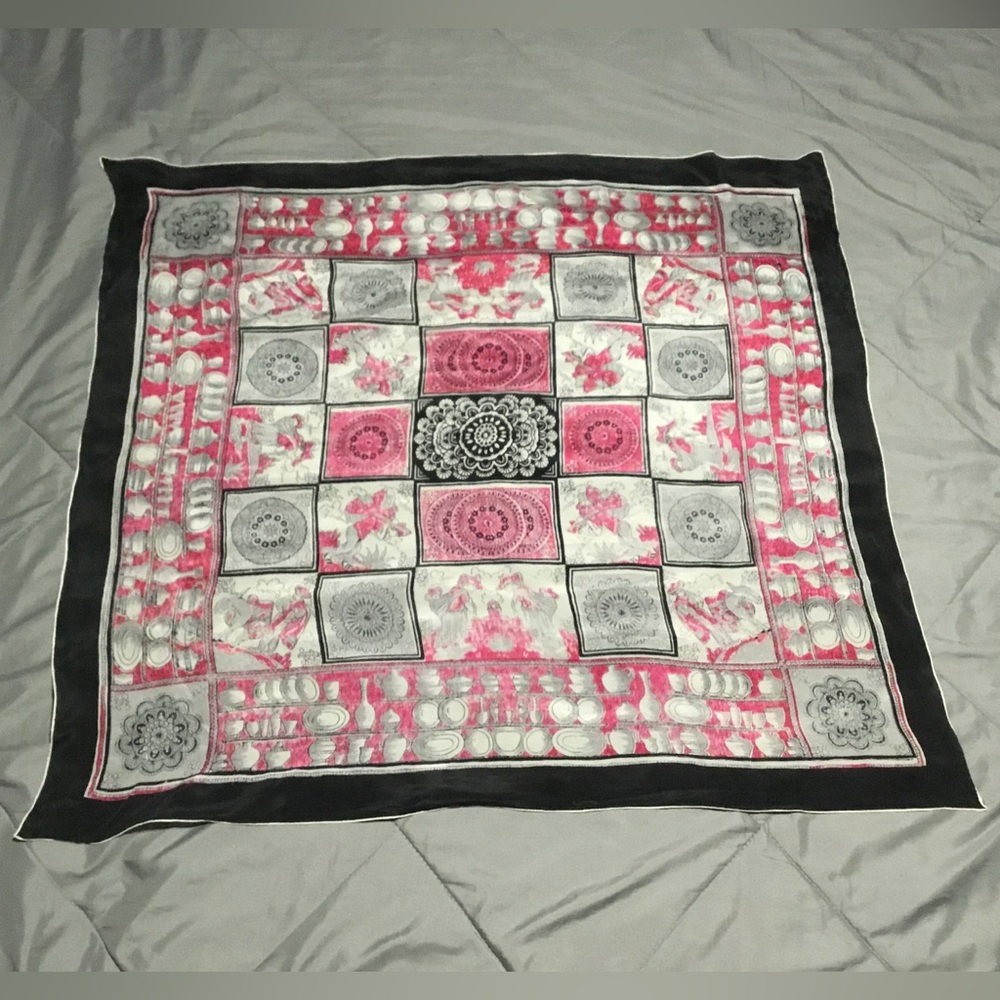 Pink and Black  Silk Bandana Print Square Scarf